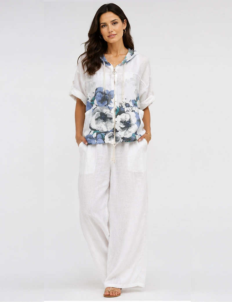 Haut Zippé à Capuche en Mélange de Lin & Imprimé Floral Bleu par Froccella