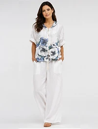 Haut Zippé à Capuche en Mélange de Lin & Imprimé Floral Bleu par Froccella