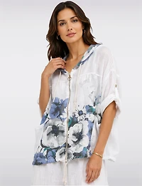 Haut Zippé à Capuche en Mélange de Lin & Imprimé Floral Bleu par Froccella