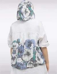 Haut Zippé à Capuche en Mélange de Lin & Imprimé Floral Bleu par Froccella