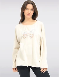 Haut à Manches Longues Broderie Papillon Strass & Ourlet Ajustable par Froccella