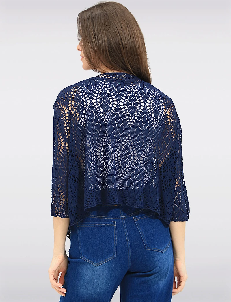 Boléro Cardigan Léger en Crochet à Manches 3/4 Ouvert Élégant par Froccella