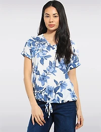 Haut en Tricot Bleu à Motif Floral - Manche Courte et Cordon Ajustable par Perle