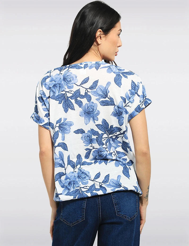Haut en Tricot Bleu à Motif Floral - Manche Courte et Cordon Ajustable par Perle