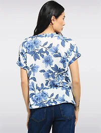 Haut en Tricot Bleu à Motif Floral - Manche Courte et Cordon Ajustable par Perle