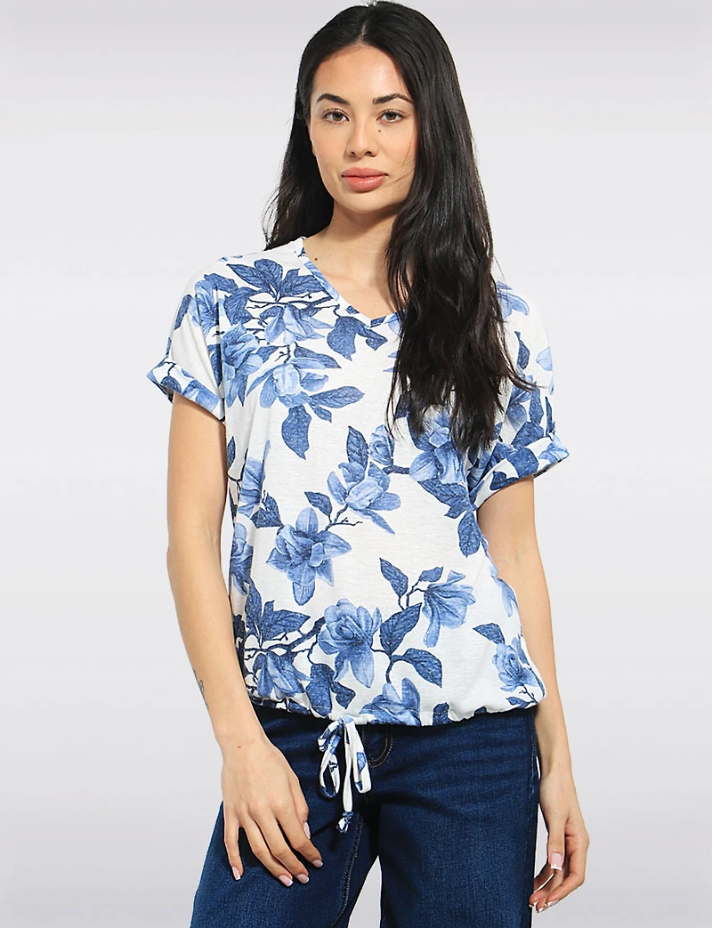 Haut en Tricot Bleu à Motif Floral - Manche Courte et Cordon Ajustable par Perle