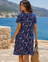 Robe Évasée Infroissable à Motif Géométrique Manches Courtes Col Rond Perle