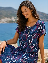 Robe Évasée Infroissable à Motif Géométrique Manches Courtes Col Rond Perle