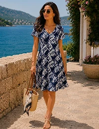 Robe Évasée Infroissable à Motif Abstrait Manches Courtes & Col Rond par Perle