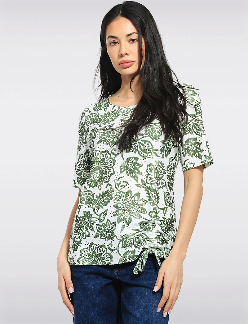 Haut en Tricot à Motif Paisley Avec Manches Courtes Cordon Ajustable par Perle