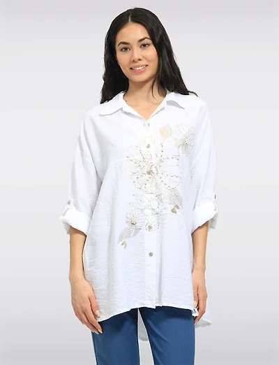 Chemise Ample À Boutons Imprimé Floral Métallisé Et Perles Par Froccella