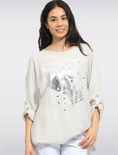 Haut Ample Avec Motif Cœur Argenté Et Manches 3/4 Ajustables Par Froccella