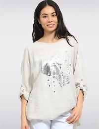 Haut Ample Avec Motif Cœur Argenté Et Manches 3/4 Ajustables Par Froccella