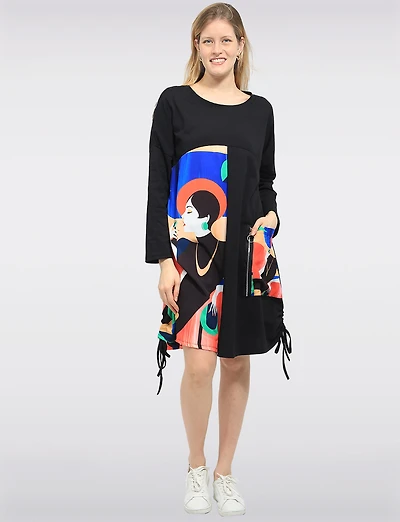 Robe T-shirt À Manches Longues, Col Rond Et Imprimé Multicolore Par Froccella