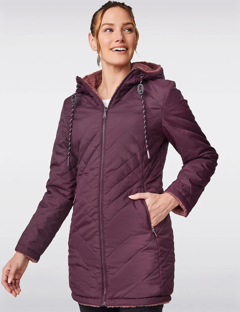 Manteau Matelassé Réversible avec Capuche en Fausse Fourrure par Free Country