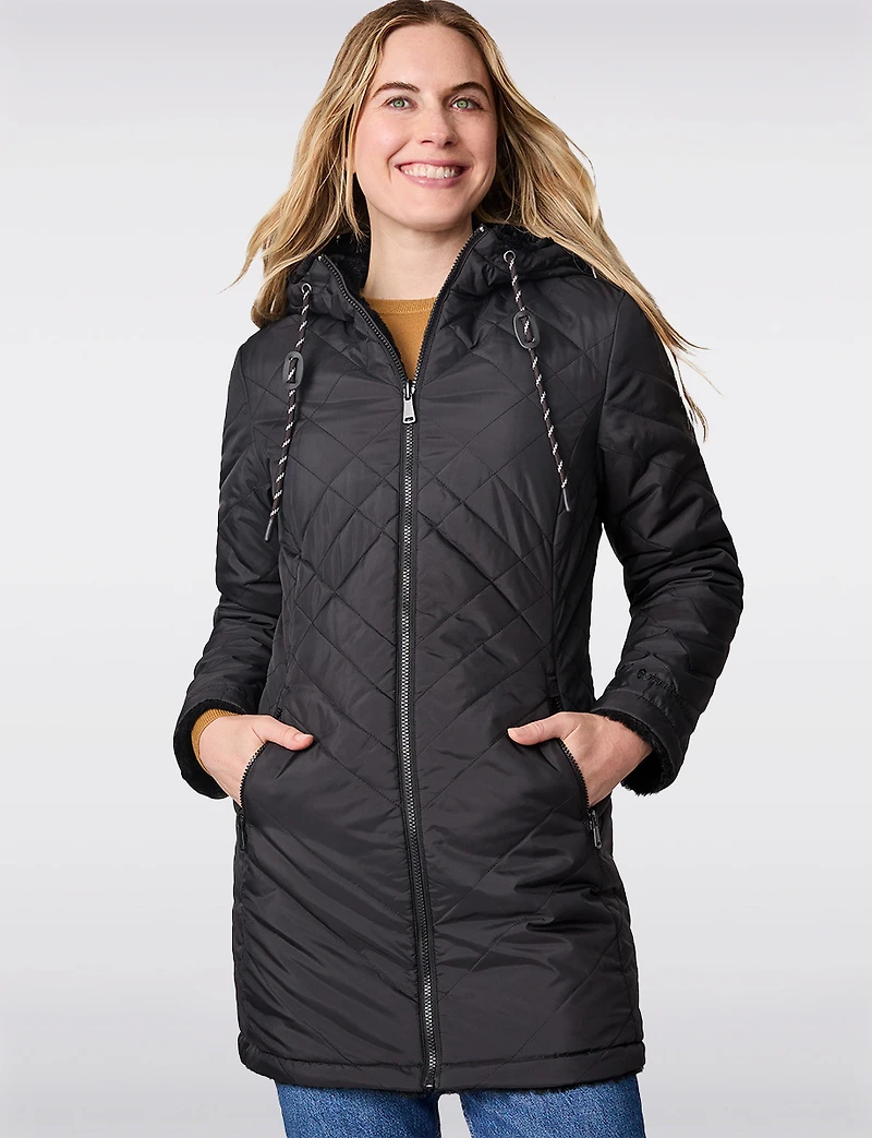 Manteau Matelassé Réversible avec Capuche en Fausse Fourrure par Free Country