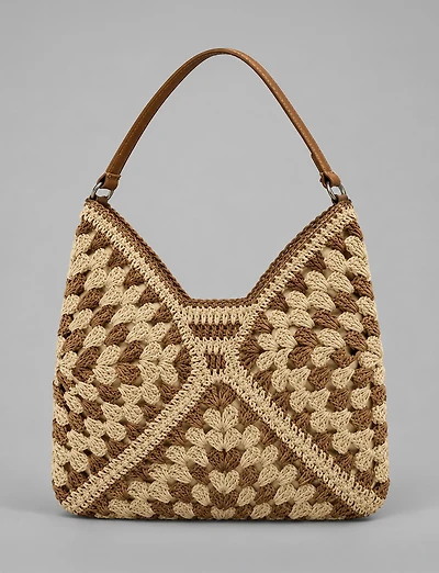 Sac Fourre-Tout Boho Chic en Paille de Papier à Motif Granny Square Bicolore