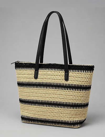 Grand Sac Fourre-Tout en Paille Rayée Multiton avec Fermeture à Glissière