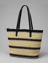 Grand Sac Fourre-Tout en Paille Rayée Multiton avec Fermeture à Glissière