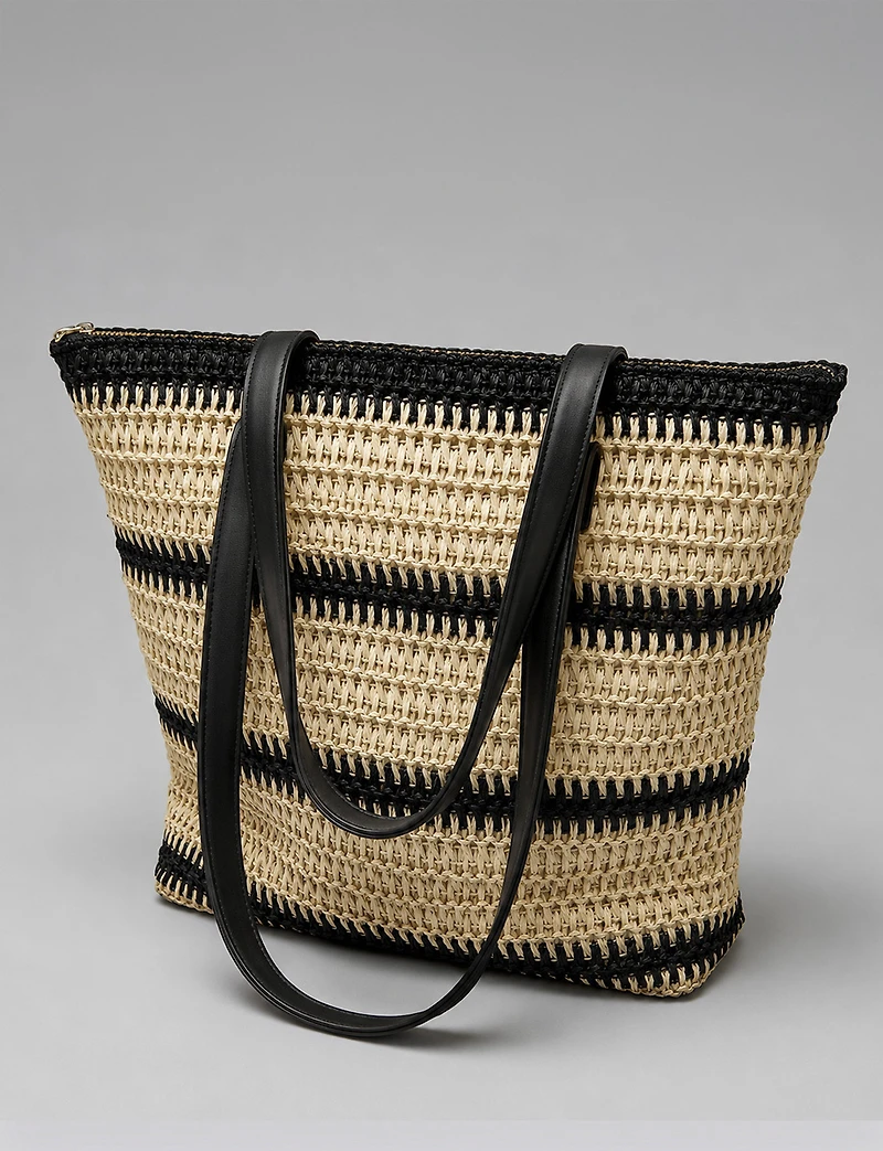 Grand Sac Fourre-Tout en Paille Rayée Multiton avec Fermeture à Glissière