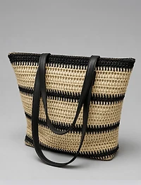 Grand Sac Fourre-Tout en Paille Rayée Multiton avec Fermeture à Glissière