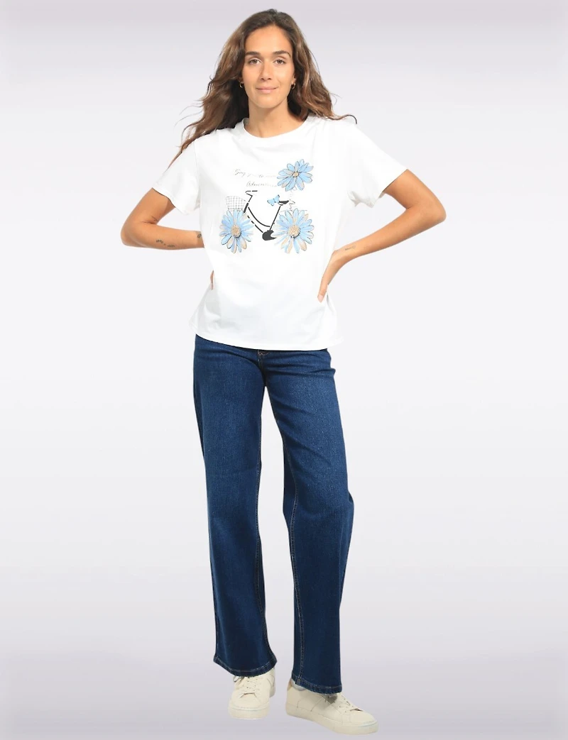 T-shirt En Coton À Manches Courtes Avec Imprimé Vélo & Marguerites par Froccella