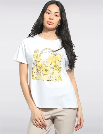 T-shirt En Coton À Manches Courtes Avec Motif Sac Main Fleuri par Froccella