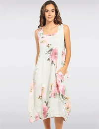 Robe Midi en Lin Léger Floral à Coupe Ballon avec Poches par Froccella