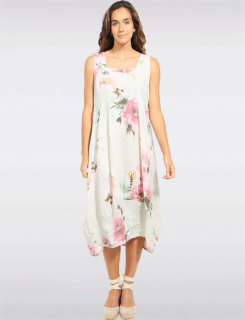 Robe Midi en Lin Léger Floral à Coupe Ballon avec Poches par Froccella