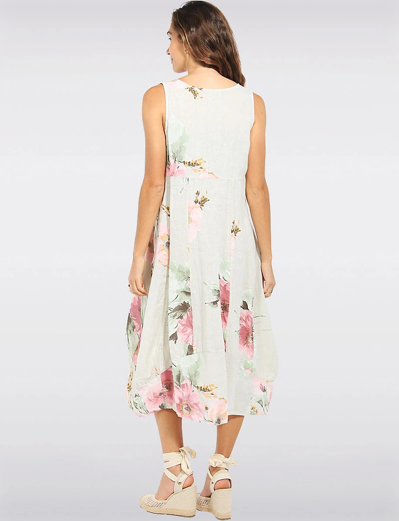 Robe Midi en Lin Léger Floral à Coupe Ballon avec Poches par Froccella