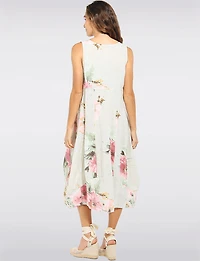 Robe Midi en Lin Léger Floral à Coupe Ballon avec Poches par Froccella