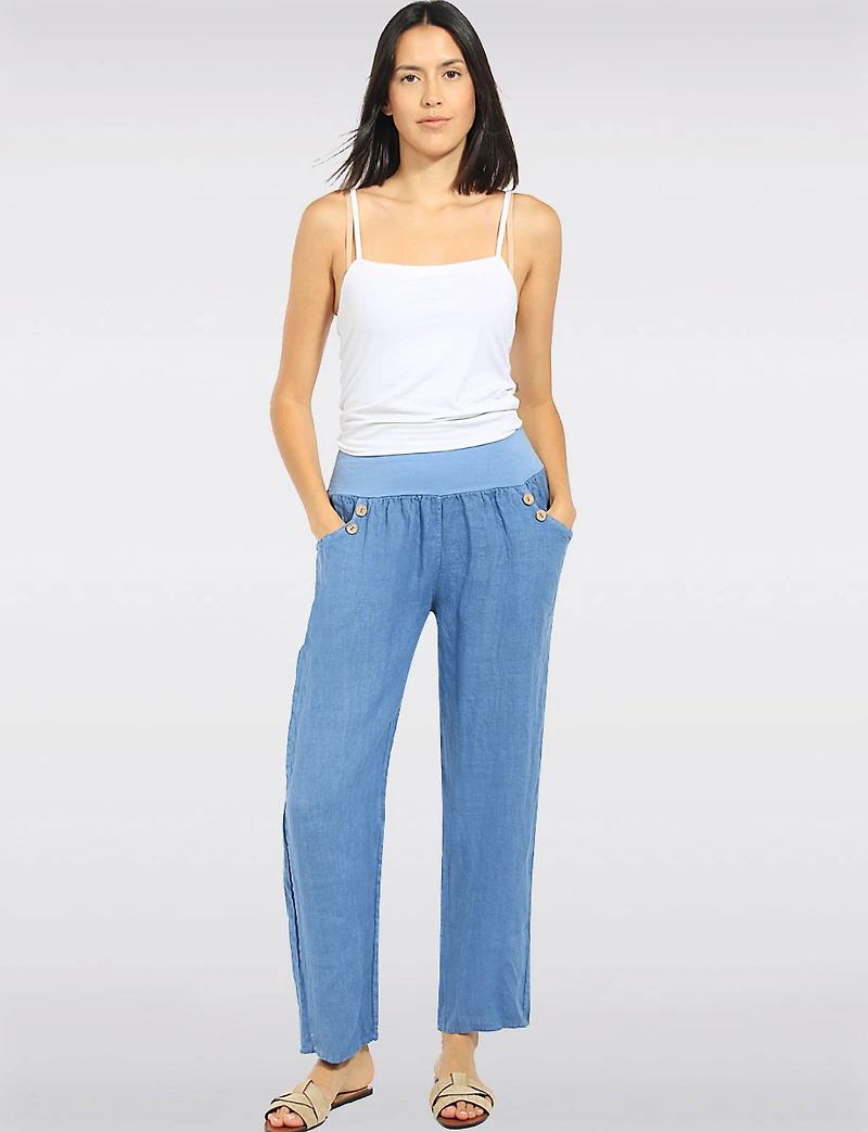 Pantalon Droit Taille Haute En Lin Détail Boutons Par Froccella