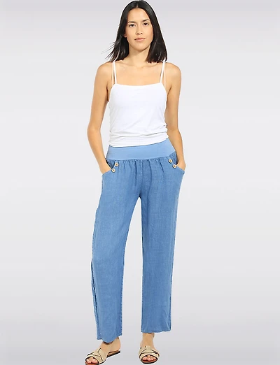 Pantalon Droit Taille Haute En Lin Détail Boutons Par Froccella