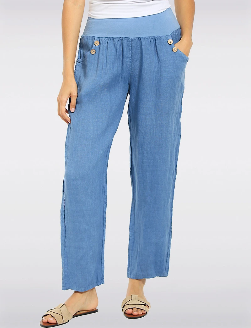 Pantalon Droit Taille Haute En Lin Détail Boutons Par Froccella