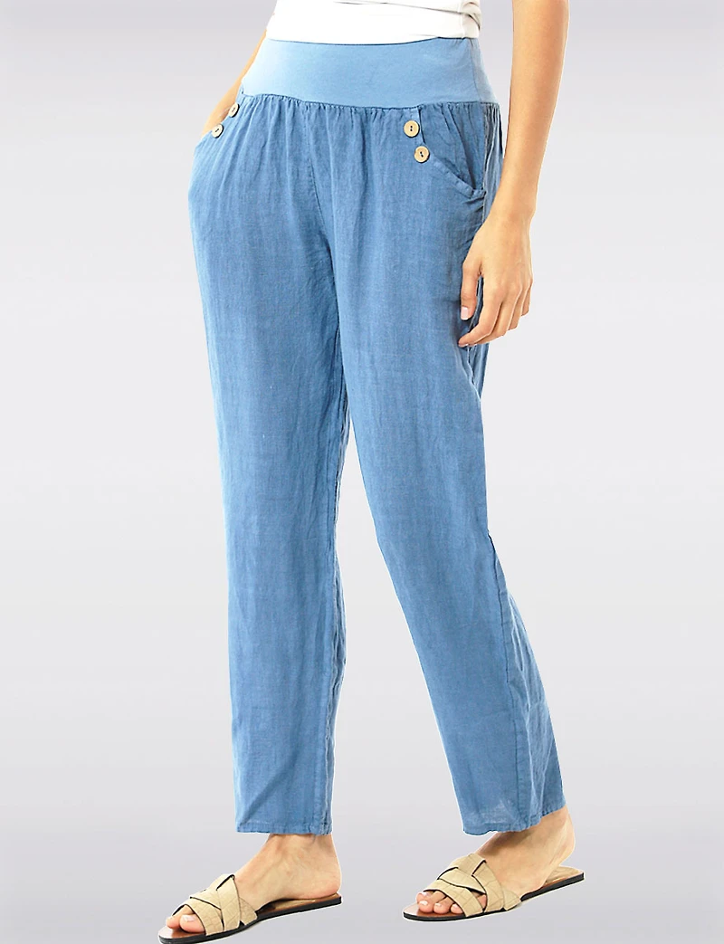 Pantalon Droit Taille Haute En Lin Détail Boutons Par Froccella