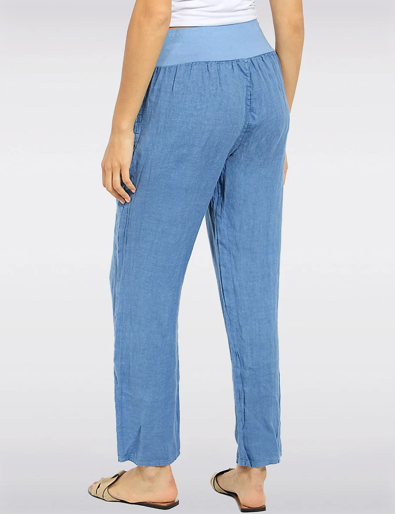 Pantalon Droit Taille Haute En Lin Détail Boutons Par Froccella