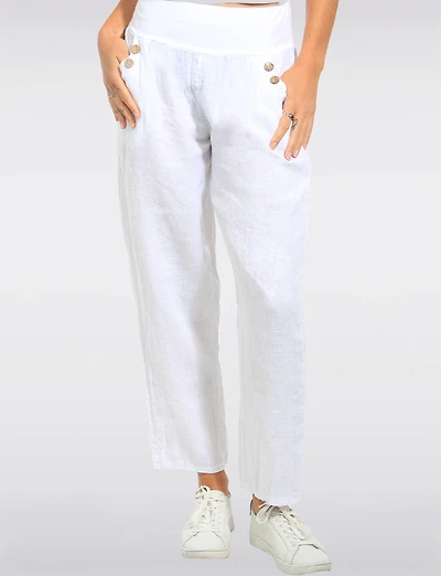 Pantalon Droit Taille Haute En Lin Détail Boutons Par Froccella