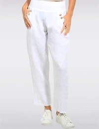 Pantalon Droit Taille Haute En Lin Détail Boutons Par Froccella