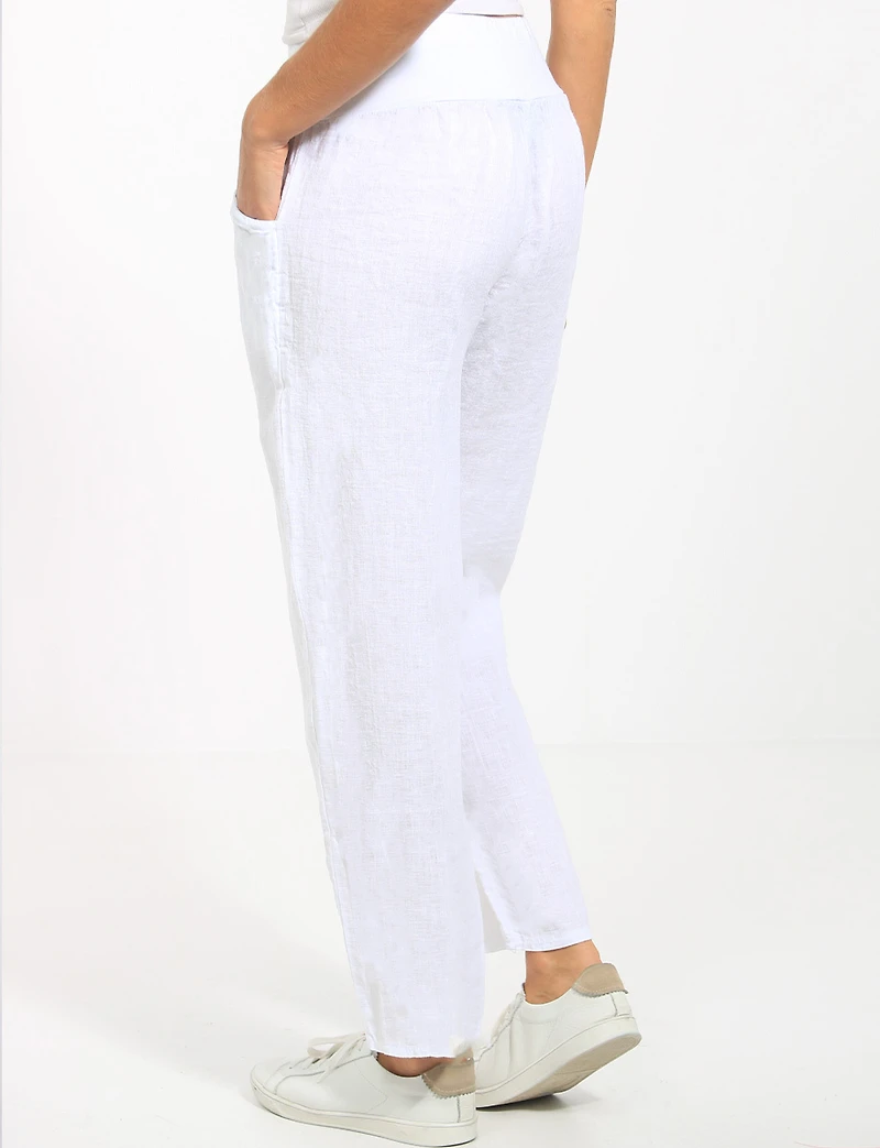 Pantalon Droit Taille Haute En Lin Détail Boutons Par Froccella