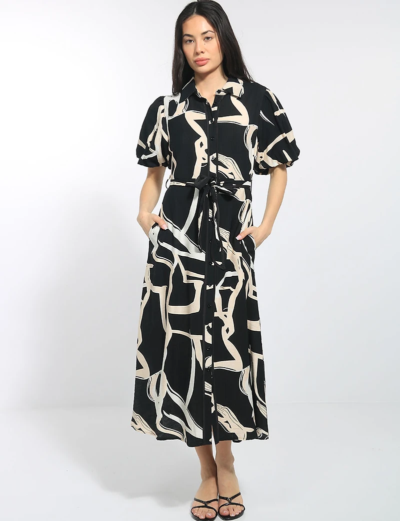Robe Mi-longue Imprimé Boutonnée À Col & Manches Bouffantes Par Stella Morgan