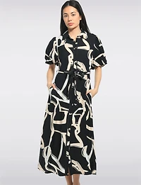 Robe Mi-longue Imprimé Boutonnée À Col & Manches Bouffantes Par Stella Morgan