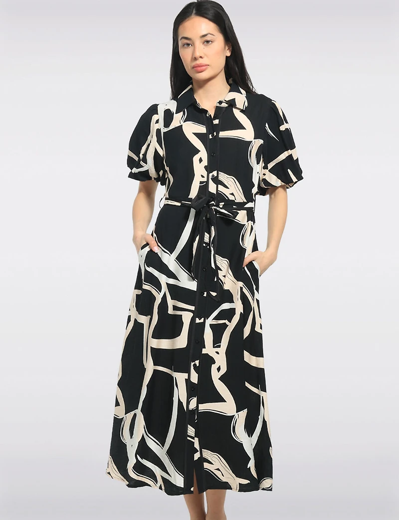 Robe Mi-longue Imprimé Boutonnée À Col & Manches Bouffantes Par Stella Morgan