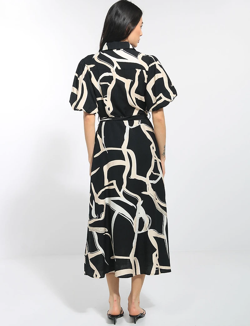 Robe Mi-longue Imprimé Boutonnée À Col & Manches Bouffantes Par Stella Morgan