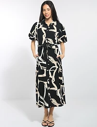 Robe Mi-longue Imprimé Boutonnée À Col & Manches Bouffantes Par Stella Morgan