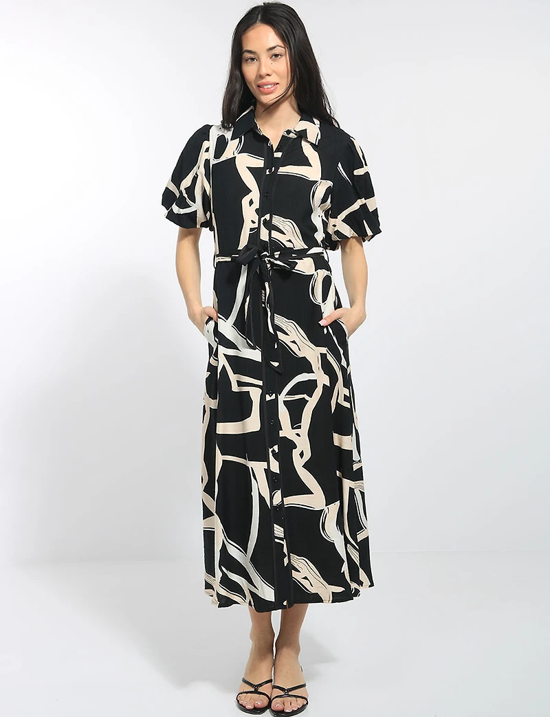Robe Mi-longue Imprimé Boutonnée À Col & Manches Bouffantes Par Stella Morgan