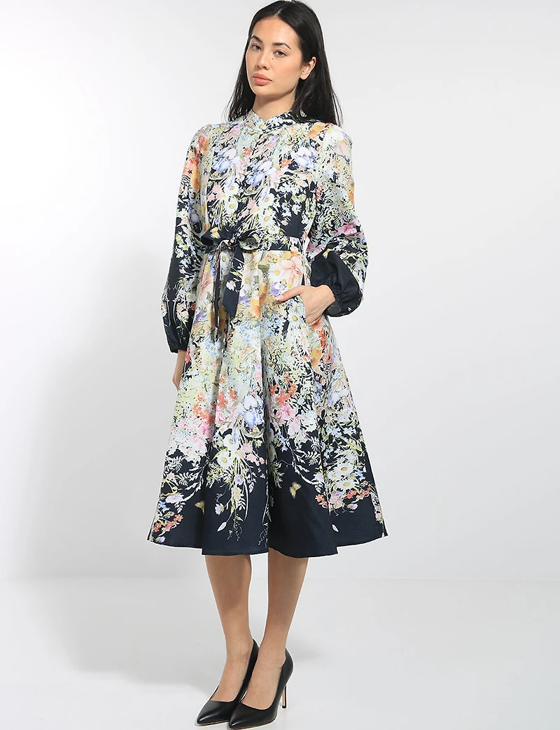 Robe Mi-longue À Manches Longues Col Officier Ceinture Floral Par Stella Morgan