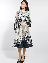 Robe Mi-longue À Manches Longues Col Officier Ceinture Floral Par Stella Morgan