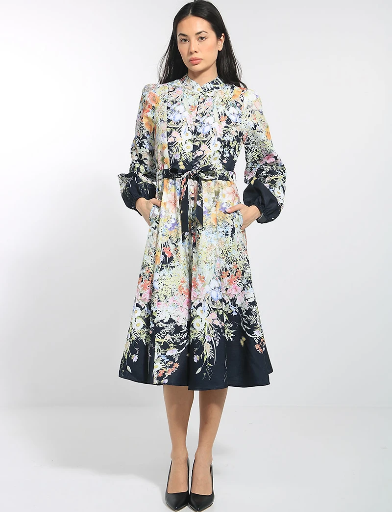 Robe Mi-longue À Manches Longues Col Officier Ceinture Floral Par Stella Morgan