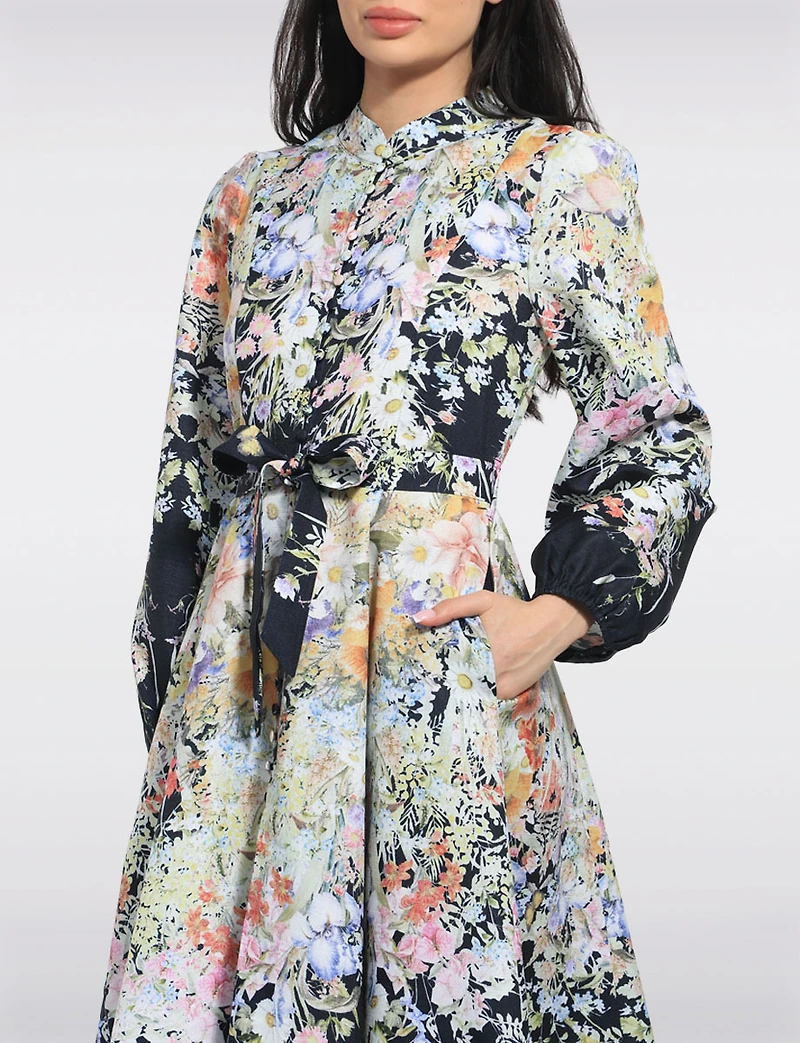 Robe Mi-longue À Manches Longues Col Officier Ceinture Floral Par Stella Morgan
