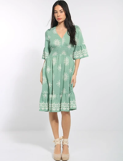 Robe Évasée Mi-longue À Volants Aux Manches Courtes & L'ourlet Par Stella Morgan